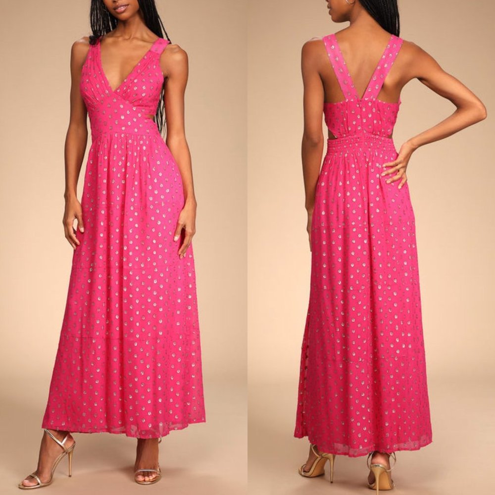 NEW Lulus Magenta Pink Sleeveless Polka Dot Cutout Maxi Tiered Dress Size Medium